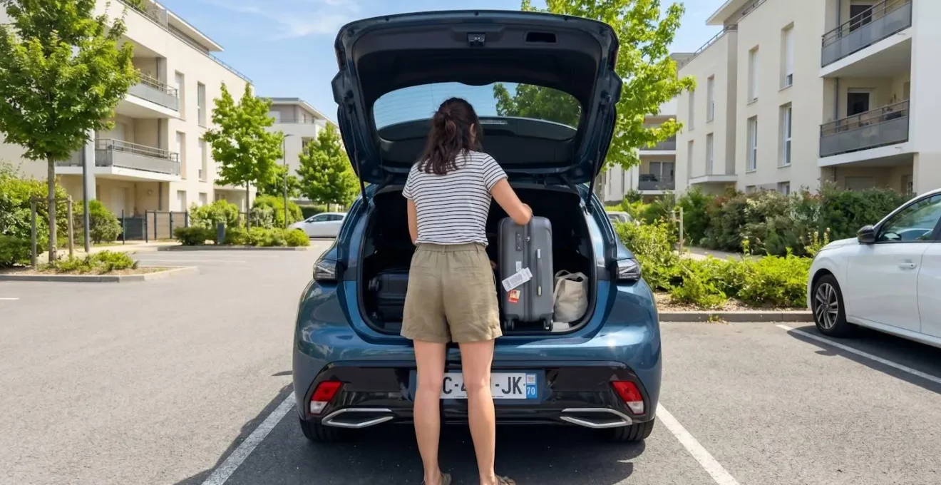 Une personne de dos charge des valises colorées dans le coffre ouvert d'un véhicule moderne sur un parking résidentiel ensoleillé