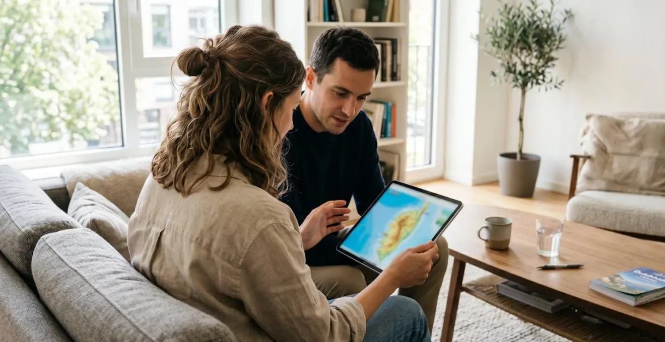 Un couple assis côte à côte consulte ensemble une carte de la Corse sur une tablette dans un salon lumineux