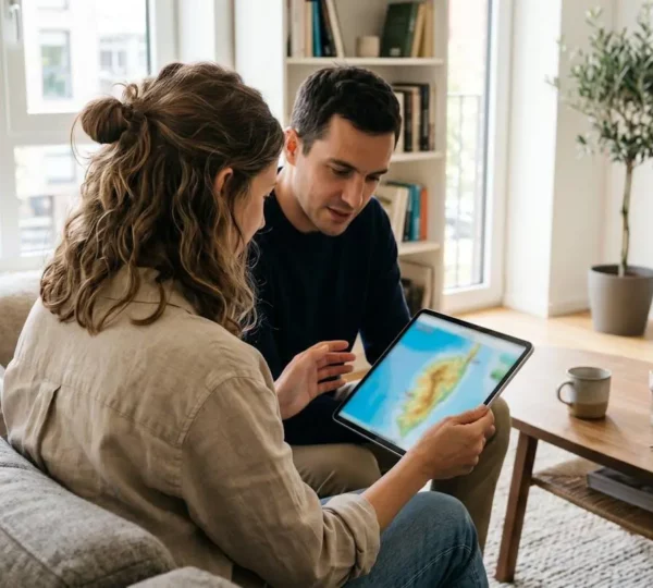 Un couple assis côte à côte consulte ensemble une carte de la Corse sur une tablette dans un salon lumineux
