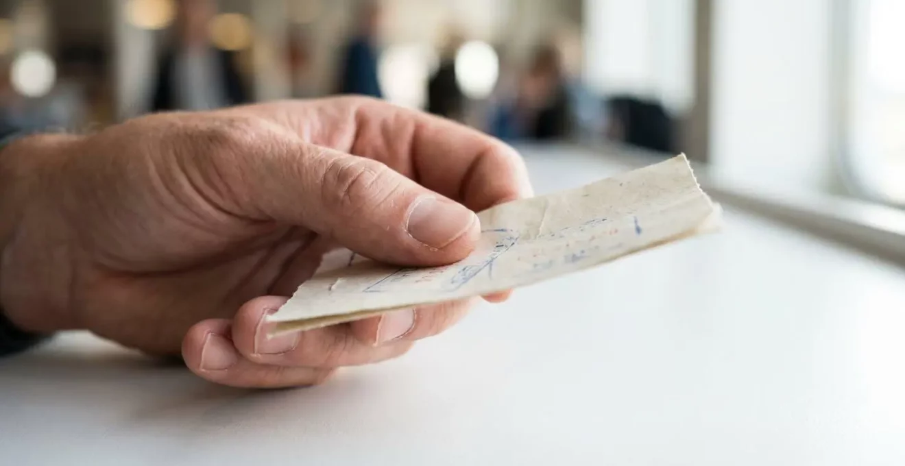 Gros plan sur une main tenant un billet de ferry papier au-dessus d'une surface moderne et épurée