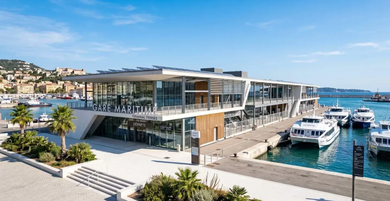 Vue extérieure d'un terminal ferry méditerranéen à l'architecture contemporaine sous un ciel bleu lumineux